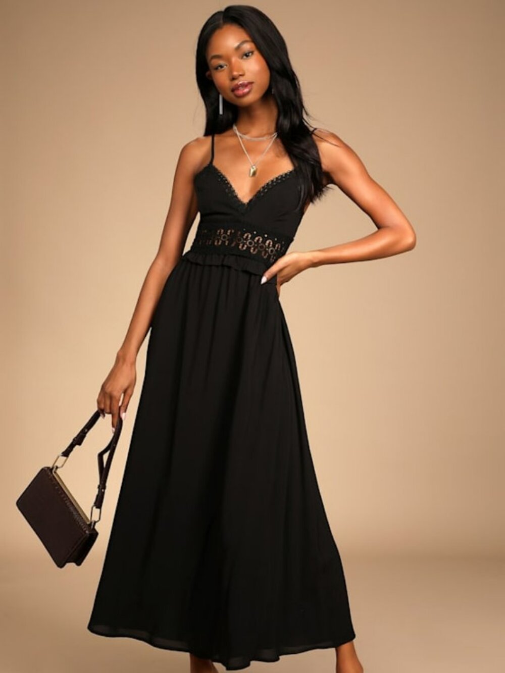 Lulus Tender Affections Black Crochet Lace-up Maxi Dress - Size S
